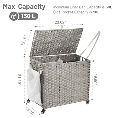Laundry Hamper with Wheels, 34.3 Gallon(130L) Rolling Laundry Basket with Lid, Removable Large 2 Color Liners & 3 Mesh Laundry Bags, Clothes Hamper with Side Pocket, Grey - color: Grey, size: 23.62"L x 15.75"W x 21.65"H