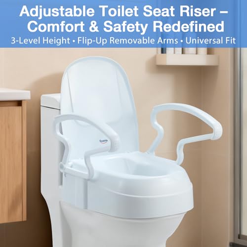 Raised Toilet Seat with Handles for Seniors, 3-Level Height Riser | with Lid, Flip-Up Arms, Fits 15.5"-19" Standard & Elongated Toilets, Secure Rear Lock, Supports 300 lbs, Easy Install