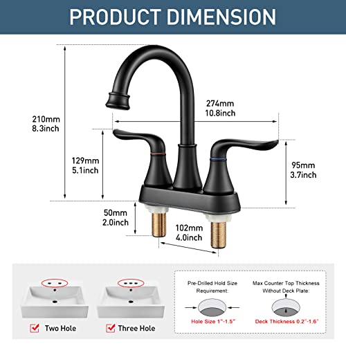 GENBONS Bathroom Faucets for Sink 3 Hole, 4 inch Matte Black with Pop-up Drain and 2 Supply Hoses 2 Handle Centerset Faucet for Sink Vanity - color: Matte Black - C, style: Centerset Bathroom Faucet