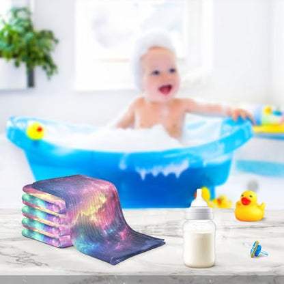 YETTASBIN Galaxy Muslin Baby Hand Washcloths, Soft Cotton Bath Face Towel, 4 Layers Extra Absorbent Feeding Burp Cloth for Newborn Infant, 5 Pack - size: 12 Inch x 5 Pack