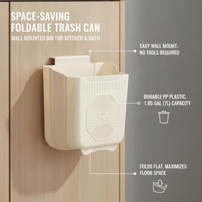 Foldable Trash Can, Wall Mounted Waste Bin for Kitchen Cabinet or Bathroom Vanity, Space Saving PP Plastic Garbage Bin with Lid (1 PC)