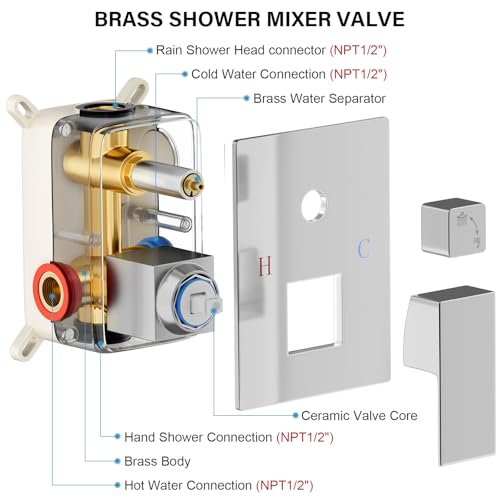FPXRNG Shower Faucet Set Bathroom Square Rain Shower Head and Handle Set, Wall Mounted Shower Fixtures, Full Metal Trim Repair Kit 10 inch Polished Chrome (With Shower Valve) - color: ‎Polished Chrome, size: 10 Inch Wall Mount Shower Head