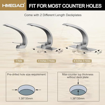 Bathroom Faucet Brushed Nickel,Bathroom Sink Faucet for Sink 1 Hole or 3 Hole Mount Single Handle Basin Mixer with 6-inch 10-inch Deckplate - color: Brushed Nickel, style: No Drain