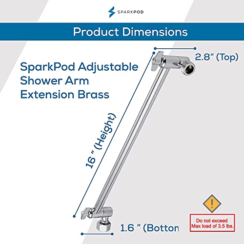 SparkPod 16" Extension Arm, Adjustable Height & Angle, Polished Chrome | Adjustable Height & Angle, Sturdy Lock, Universal Connection, Transform your showers into rain shower experience - color: 1 - Luxury Polished Chrome, style: 16 Inch Adjustable