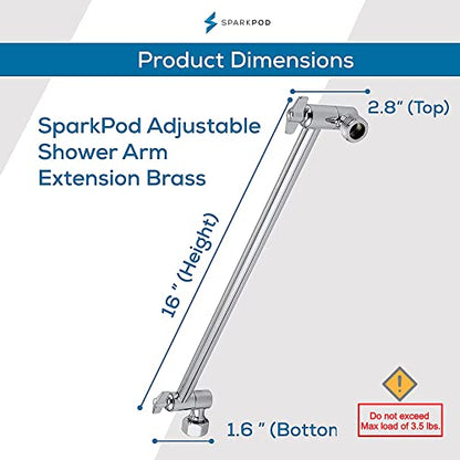 SparkPod 16" Extension Arm, Adjustable Height & Angle, Polished Chrome | Adjustable Height & Angle, Sturdy Lock, Universal Connection, Transform your showers into rain shower experience - color: 1 - Luxury Polished Chrome, style: 16 Inch Adjustable