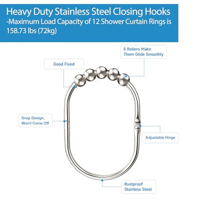 MENGJINGO 12PCS Wide Shower Curtain Hooks Rings, Rust Proof Stainless Steel | Heavy Duty Shower Hooks Rings for Bathroom Shower Rods Curtains Liners, Easy Glide Rollers, Set of 12,Chrome - color: Chrome