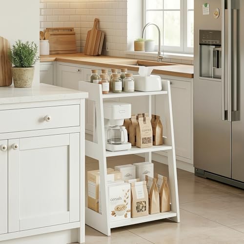 3-Tier Bathroom Ladder Shelf Freestanding, 15.7" W x 27.6" H | White PVC Floor Shelves, Small Bookshelf, Nightstand, for Home Study, Laundry Room, Open Display Rack, 11.8" Deep - size: 11.8"D x 15.7"W x 27.6"H