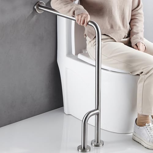 Shower Handicap Grab Bars for Bathroom Wall, Curved Stainless Steel Toilet Grab Bar Toilet with Legs,Wall Mounted Floor-Standing Safety Handrail, Support Handle for Seniors Disabled, 55×70cm Left - size: Left
