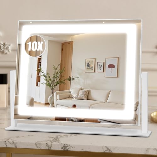 Rechargeable Vanity Mirror with Lights, 3000mAH Battery, 16"×12" LED Makeup Mirror, 10X Magnification, Smart Touch with 3-Color Lighting, 360° Rotation, Lighted Up for Makeup Desk, Bedroom (White) - color: White, size: 16"L x 12"W