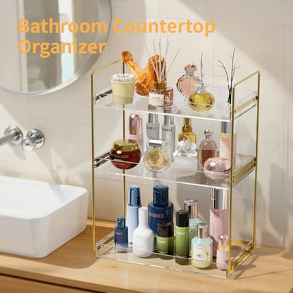 Bathroom Countertop Organizer, 3 Tier Acrylic Tray Vanity Counter Skincare Organizer Shelf, Kitchen Under Sink Standing Rack, Home Storage Holder for Lotion Makeup Cosmetics Perfume Spice, Gold | Kitchen Under Sink Standing Rack, Home Storage Holder for L