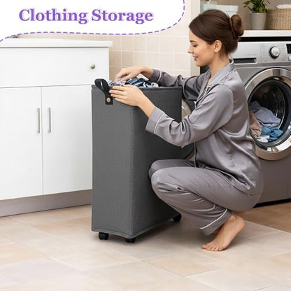 Slim Rolling Laundry Basket with Wheels, 42L Narrow Laundry Hamper with Mesh Drawstring Cover & Handles, Collapsible Dirty Clothes Bin for Small Spaces, Dorm, Apartment, Bathroom, Dark Grey - color: Dark Gary