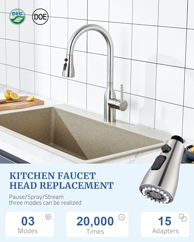 Kitchen Faucet Head Replacement, 15 Adapters, 3-Mode Pull Down Sprayer Head | 3 Functions Stream Spray Pause, Easy 5-Min Install, Pull Out Nozzle, Brushed Nickel, Compatible with Moen Delta Hansgrohe - color: Brushed Nickel