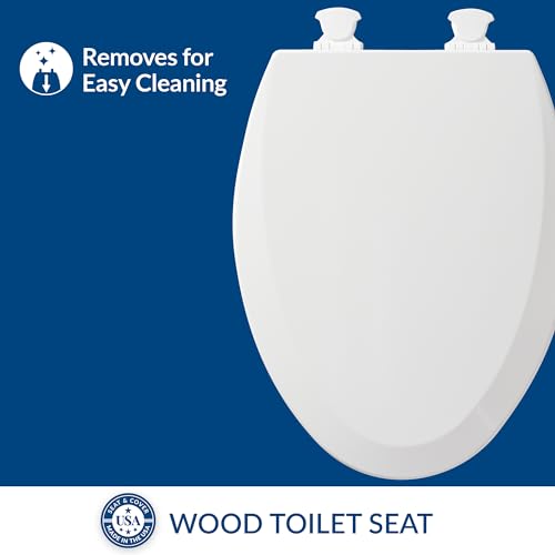 Bemis Wood Elongated Toilet Seat, Easy Clean Hinges, White | Durable enameled wood resists chipping & scratching, fits all standard elongated toilets, Made in USA, 1500EC 000 - size: Elongated