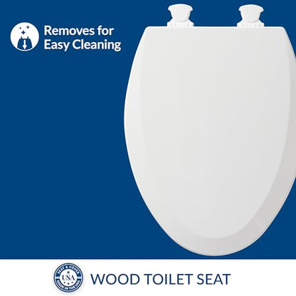 Bemis Wood Elongated Toilet Seat, Easy Clean Hinges, White | Durable enameled wood resists chipping & scratching, fits all standard elongated toilets, Made in USA, 1500EC 000 - size: Elongated