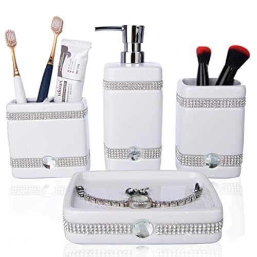 CAA'S Bathroom Accessories Set Ceramic 4 Pieces Bathroom Ensemble for Bath Decor Includes Lotion Dispenser Toothbrush Holder Tumbler Soap Dish (White Inlaid Zircon) - style: Luxurious