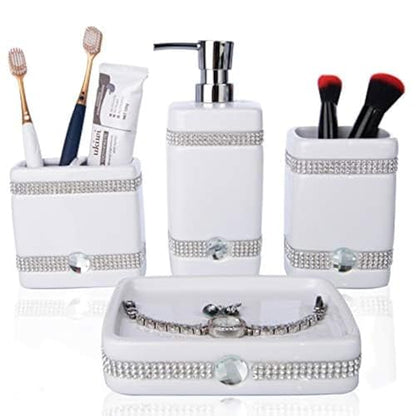 CAA'S Bathroom Accessories Set Ceramic 4 Pieces Bathroom Ensemble for Bath Decor Includes Lotion Dispenser Toothbrush Holder Tumbler Soap Dish (White Inlaid Zircon) - style: Luxurious
