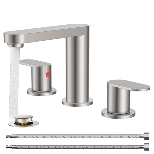 QFN Bathroom Faucet 3 Hole 8" Widespread Vanity Sink Faucet Brushed Nickel | 304 Stainless Steel Bathroom Sink Faucet with Pop-up Drain, 6-12 Inch 3 Hole Install, for RV Laundry Farmhouse Restroom Sink - color: Brushed Nickel, style: Round