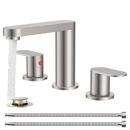QFN Bathroom Faucet 3 Hole 8" Widespread Vanity Sink Faucet Brushed Nickel | 304 Stainless Steel Bathroom Sink Faucet with Pop-up Drain, 6-12 Inch 3 Hole Install, for RV Laundry Farmhouse Restroom Sink - color: Brushed Nickel, style: Round