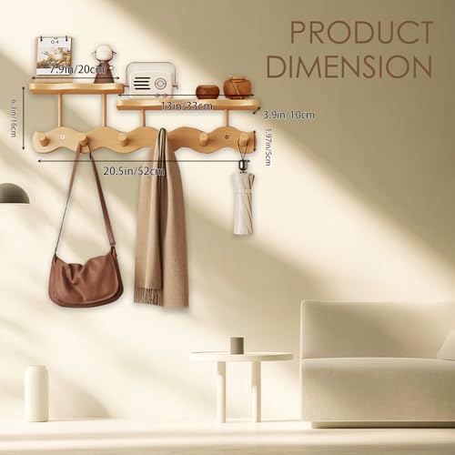 Wall-Mounted Coat Rack with Shelf, Wooden Coat Hanger with 6 Sturdy Hooks, Drill-Mounted Design for Hanging Clothes, Hats, Towels, Bags, and Robes (Natural Color) - color: Natural color