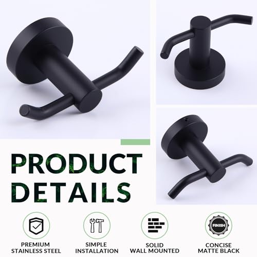 APLusee Matte Black Double Towel Hook for Bathroom, Entryway, Wall Mounted | Robust 304 Stainless Steel, Resist Rust & Corrosion, Heavy-duty 11lbs Robe Hook for Towel, Clothes, Bag, Kitchen or Outdoors