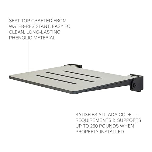 Seachrome 18 inch Silhouette Slimline Folding Wall Mount Shower Bench Seat, Gray Weathered Ash Seat with Matte Black Frame - color: Weathered Ash With Matte Black Frame
