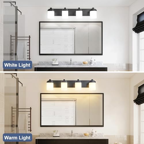 29 Inches Bathroom Vanity Light, 4-Light Black Bathroom Light Fixtures Over Mirror, Bathroom Light Shower Lamp with Milky White Square Glass Shade, Modern Farmhouse Lighting Fixtures - color: Black, size: 29 Inch : 4-lights
