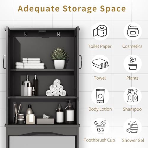 ROOMTEC Over The Toilet Storage Cabinet with Adjustable Shelf and Double Doors, Freestanding Bathroom Cabinet Organizer with Open Shelf, Home Space-Saving Toilet Rack for Restroom, Laundry, Black