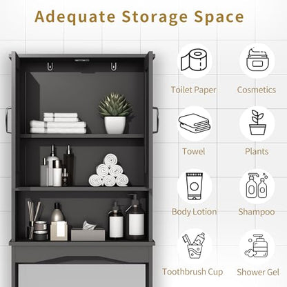 ROOMTEC Over The Toilet Storage Cabinet with Adjustable Shelf and Double Doors, Freestanding Bathroom Cabinet Organizer with Open Shelf, Home Space-Saving Toilet Rack for Restroom, Laundry, Black