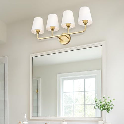 4-Light Brushed Gold Bathroom Vanity Light, White Fabric Shades | 28" bathroom light fixtures over mirror, upward only, E26 base, bulbs not included, VL837-BG-4 - color: Brushed Gold, size: 4-light