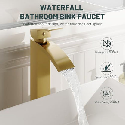 Brushed Gold Vessel Sink Faucet, Waterfall Bathroom Faucets | Brass, Tall Spout, Single Handle 1 Hole Bathroom Faucet, Modern Basin Taps with Supply Line, Pop Up Drain, Without Overflow - color: Brushed Gold, size: Tall