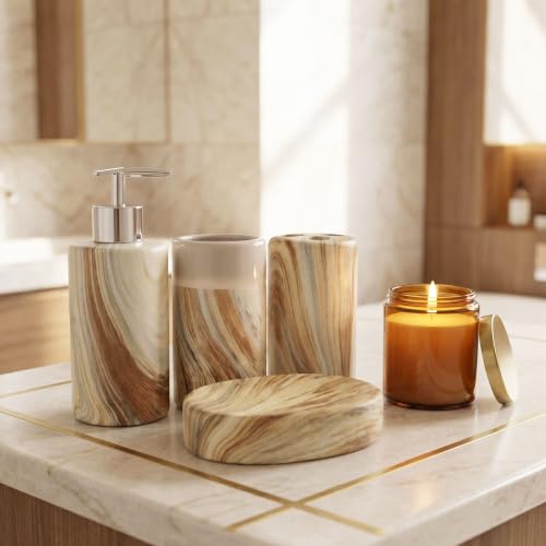 Ceramic Bathroom Accessories Set of 4, Marble Wood Grain Bathroom Vanity Set,Soap Dispenser, Toothbrush Holder, Tumbler & Soap Dish Modern Bathroom Organizer - color: Round Beige