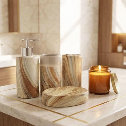 Ceramic Bathroom Accessories Set of 4, Marble Wood Grain Bathroom Vanity Set,Soap Dispenser, Toothbrush Holder, Tumbler & Soap Dish Modern Bathroom Organizer - color: Round Beige