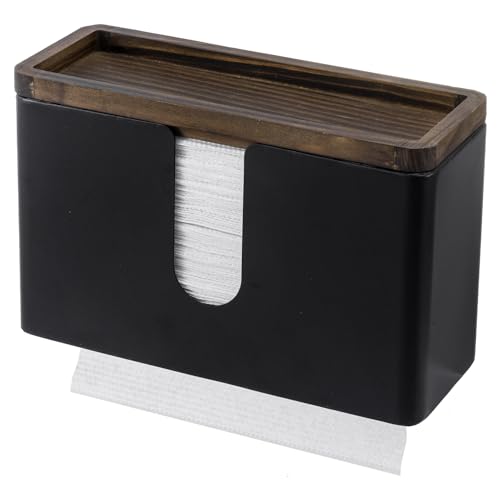 MyGift Matte Black Metal Wall Mounted Paper Towel Holder Trifold Z Fold | Rustic Burnt Wood Top Shelf Adds Storage for Décor & Essentials, Space-Saving Design for Bathrooms & Breakrooms - color: Black
