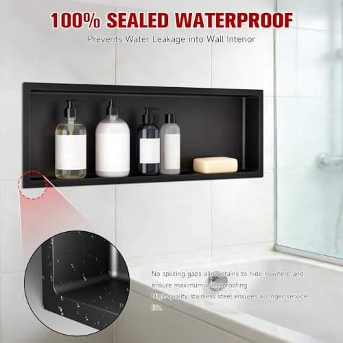 VELPAX No Tile Needed Shower Niche 12"X 36", Bathroom Wall Niche Single Shelf, Stainless Steel Shower Niche for Bathroom, Kitchens, Balconies - color: Black, size: 12"X 36" Single Shelf