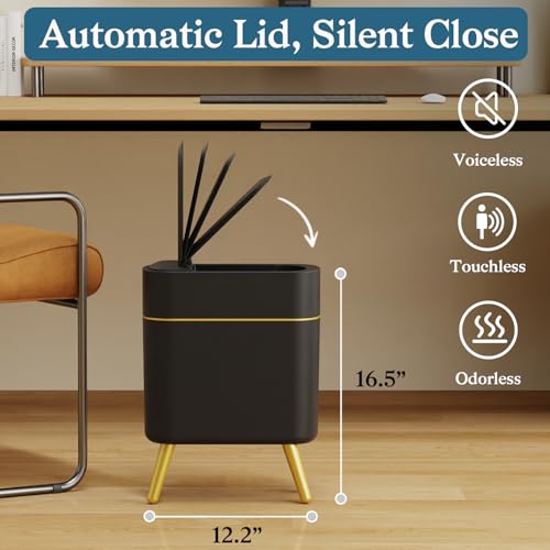 LALASTAR Automatic Bathroom Trash Can with Lid, Motion Sensor Bathroom Garbage Can for Toilet, Slim Smart Waste Basket for Kitchen, Living Room, 2.5 Gallon, Black - color: Black-1 Pack