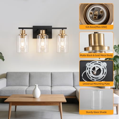 3 Light Bathroom Wall Light Fixture Vanity Wall Lights Over Mirror | Wall Sconce Lighting with Clear Glass Shades, Modern Wall Lights Wall Lamp for Mirror, Hallway Kitchen Bedroom Cabinet - color: Black Gold