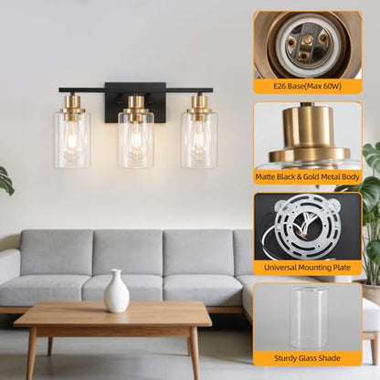 3 Light Bathroom Wall Light Fixture Vanity Wall Lights Over Mirror | Wall Sconce Lighting with Clear Glass Shades, Modern Wall Lights Wall Lamp for Mirror, Hallway Kitchen Bedroom Cabinet - color: Black Gold