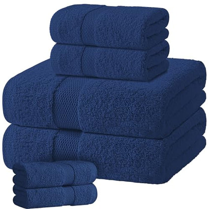 Navy Bath Towel Set of 6 - 100% Cotton Highly Absorbent Towels for Bathroom, 2 Luxury Bath Towels 650GSM, 2 Hand Towels, 2 Washcloths - color: Navy Blue