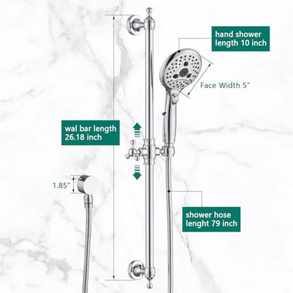 Handheld Shower Head with Slide Bar Combo, 6 Settings Handheld Shower with ON/OFF Pause Switch, Adjustable Height 27.5" Long Slide Bar, Round Wall Supply Elbow and 6.6ft Shower Hose, Chrome - color: Chrome