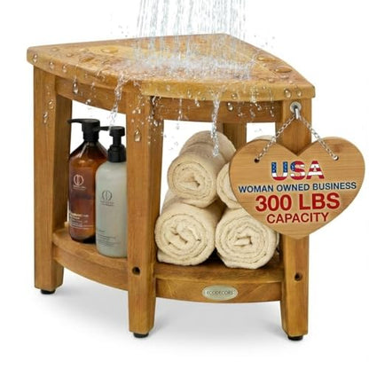 EcoDecors 18” Teak Corner Shower Stool –Waterproof Bench, Space-Saving Bathroom Seat | Compact Teak Shower Stool for Inside Shower | Sturdy 300 Pound Capacity with Shelf & Adjustable Feet | Corner teak shower bench supports up to 350 lb with adjustable no