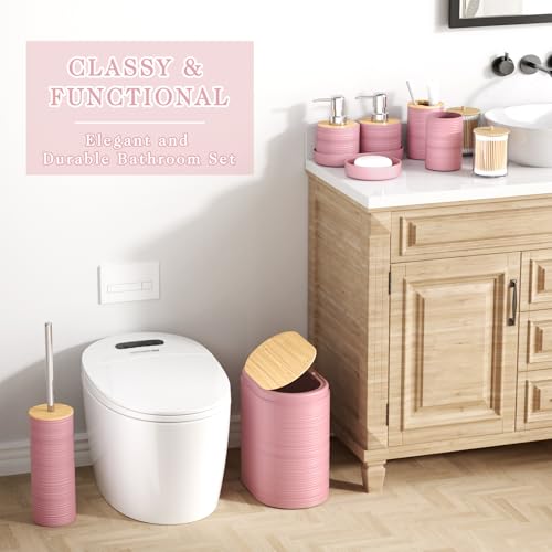 XLHOMO Pink Bathroom Set - 10PC Bathroom Accessories Set, Luxury Bathroom Accessory Set with Trash Can,Toilet Brush & 2 PC Soap Dispensers for Apartment Decor and Housewarming - size: Press-lid Bathroom Set, style: Pink