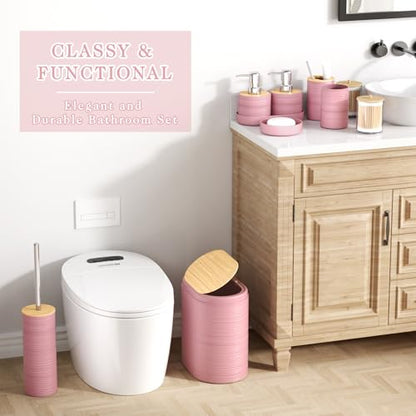 XLHOMO Pink Bathroom Set - 10PC Bathroom Accessories Set, Luxury Bathroom Accessory Set with Trash Can,Toilet Brush & 2 PC Soap Dispensers for Apartment Decor and Housewarming - size: Press-lid Bathroom Set, style: Pink