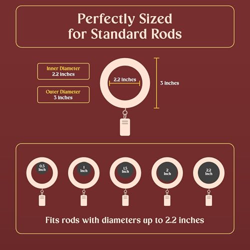 Handcrafted Rosewood Shower Curtain Rings with Clips – 3" Outer, 2.2" Inner Diameter – Smooth Wooden Rings with Metal Clips for Shower Curtains and Bathroom Drapes – Pack of 24 - size: 2.2" Inner Diameter