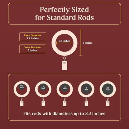 Handcrafted Rosewood Shower Curtain Rings with Clips – 3" Outer, 2.2" Inner Diameter – Smooth Wooden Rings with Metal Clips for Shower Curtains and Bathroom Drapes – Pack of 24 - size: 2.2" Inner Diameter