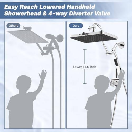Hibbent 5-Mode 13" Rain Shower head, 4-Spray Metal Handheld Shower, Chrome | cUPC Certified High Pressure Showerhead Combo, All Metal 4-way Diverter with Extension Arm, 71'' Hose & Easy Reach Holder - color: Chrome, style: Square 13"