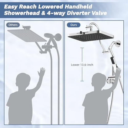 Hibbent 5-Mode 13" Rain Shower head, 4-Spray Metal Handheld Shower, Chrome | cUPC Certified High Pressure Showerhead Combo, All Metal 4-way Diverter with Extension Arm, 71'' Hose & Easy Reach Holder - color: Chrome, style: Square 13"