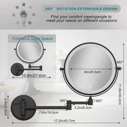 8" Lighted Wall Mounted Makeup Magnifying Mirror 10X, Matte Black | Rechargeable Brass 2-Sided Bathroom Vanity, Swivel Extension Arm 360 Rotation, 3 Color Adustable Touch Sensor Dimmable
