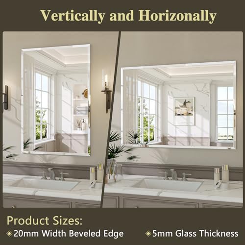 Frameless Bathroom Mirror, 24" x 36" Beveled Wall Mirror | 5mm HD glass, 20mm beveled edge, frameless, anti-rust, shatterproof, french cleat, horizontally or vertically - size: 24"L x 36"W