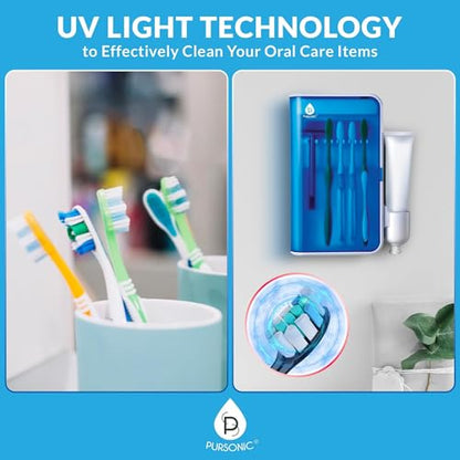 Pursonic UV Toothbrush Sanitizer Holder Wall Mounted - 5 Slots Toothbrush Holders for Bathrooms with Toothpaste Holder - No-Drill Toothbrush Holder Fits Electric Toothbrush Heads