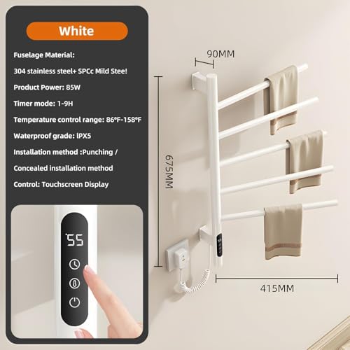 180°Rotation Electric Heated Towel Rack Wall Mounted Towel Warmer Racks 5 Bars Hardwired & Plug-in Hot Towel Rack with 1H-9H Timer for Home Bathroom Salons and Spas (White) - color: White, size: G63